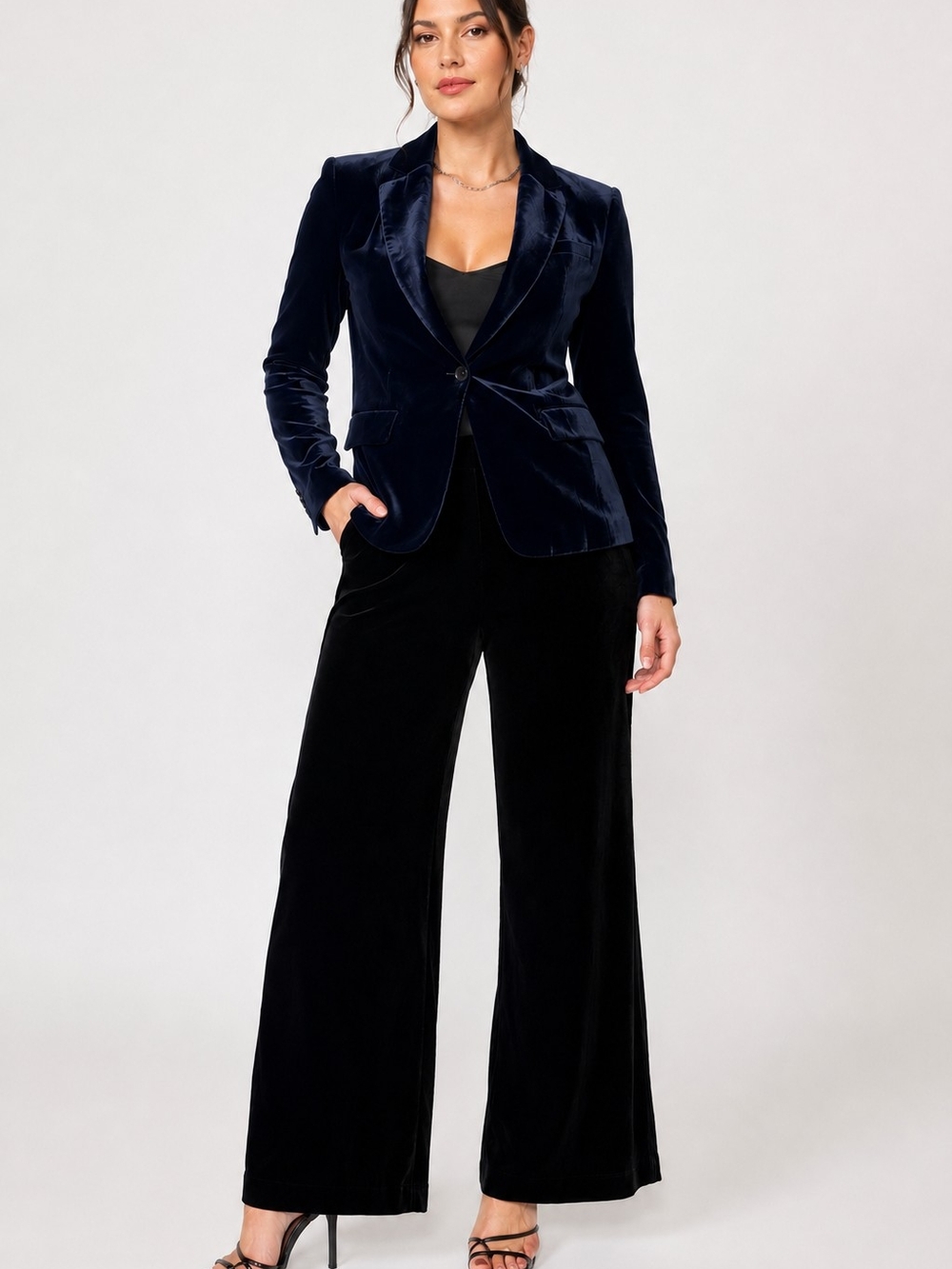 BCBGMaxAzria Navy Velvet Single-Button Blazer
